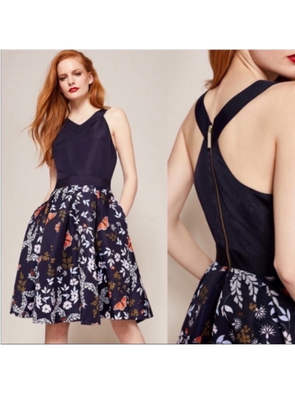 Ted Baker Kyoto Navy Floral Fit-and-Flare Dress with Pockets Sz US6 Or Ted Sz 2 - Picture 2 of 7